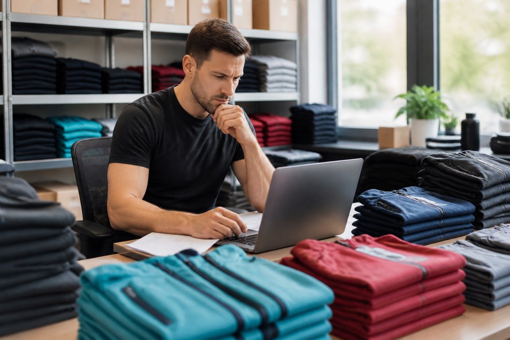 Gym manager reviewing bulk apparel inventory spreadsheet and pricing analysis on laptop, surrounded by neatly organized stacks of branded fitness clothing in various colours, natural office lighting