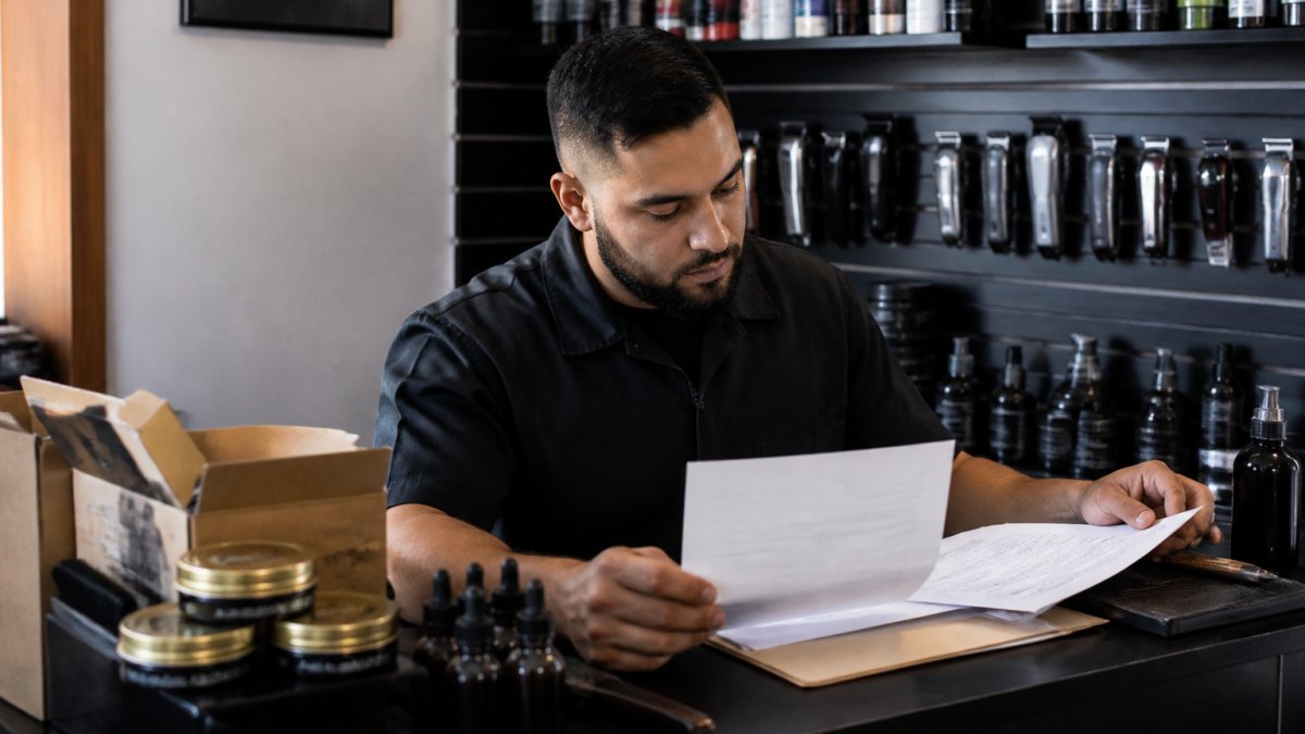 Barber shop owner reviewing a bulk supply invoice and pricing sheet at a workstation with grooming tools