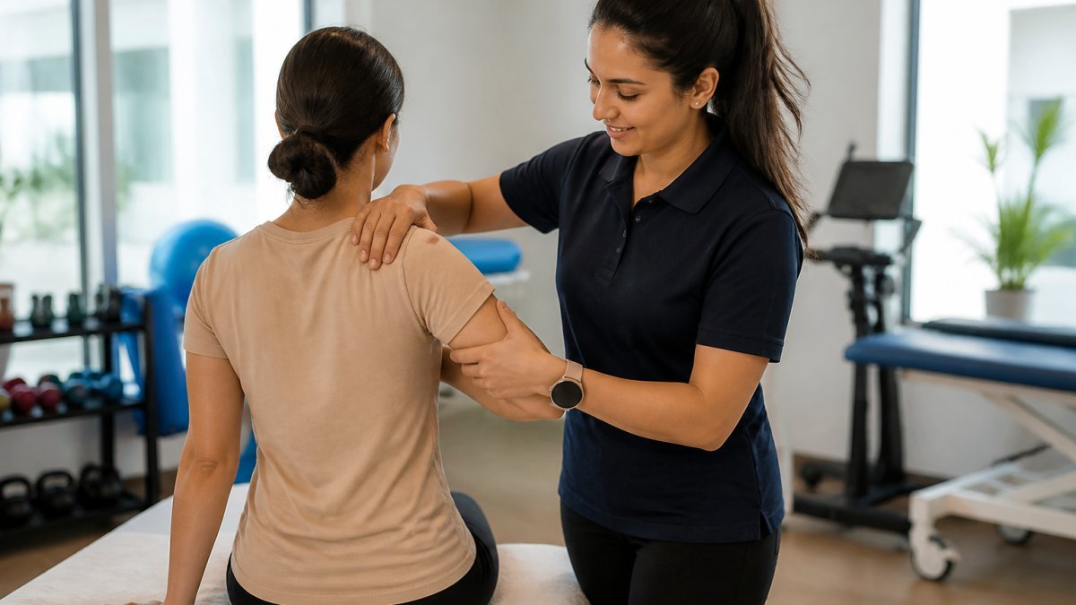 A physiotherapist performing hands-on manual therapy on a patient's shoulder in a bright, modern treatment room