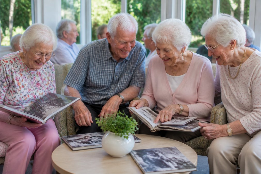 Group of elderly residents seated together in a bright, naturally lit lounge area, engaged with vintage Australian nostalgia photo books, smiling and discussing memories together
