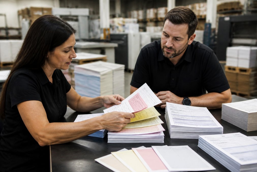 Business professional reviewing printed business forms and carbonless multipart sets arranged on a desk, examining paper weight and quality samples under natural office lighting