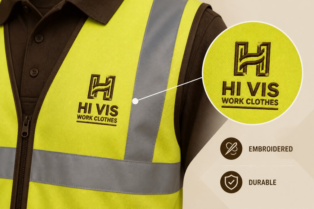 Close-up of a high-visibility work vest with a company logo embroidered on the chest pocket area, showing professional branding on orange reflective workwear with clear stitching detail