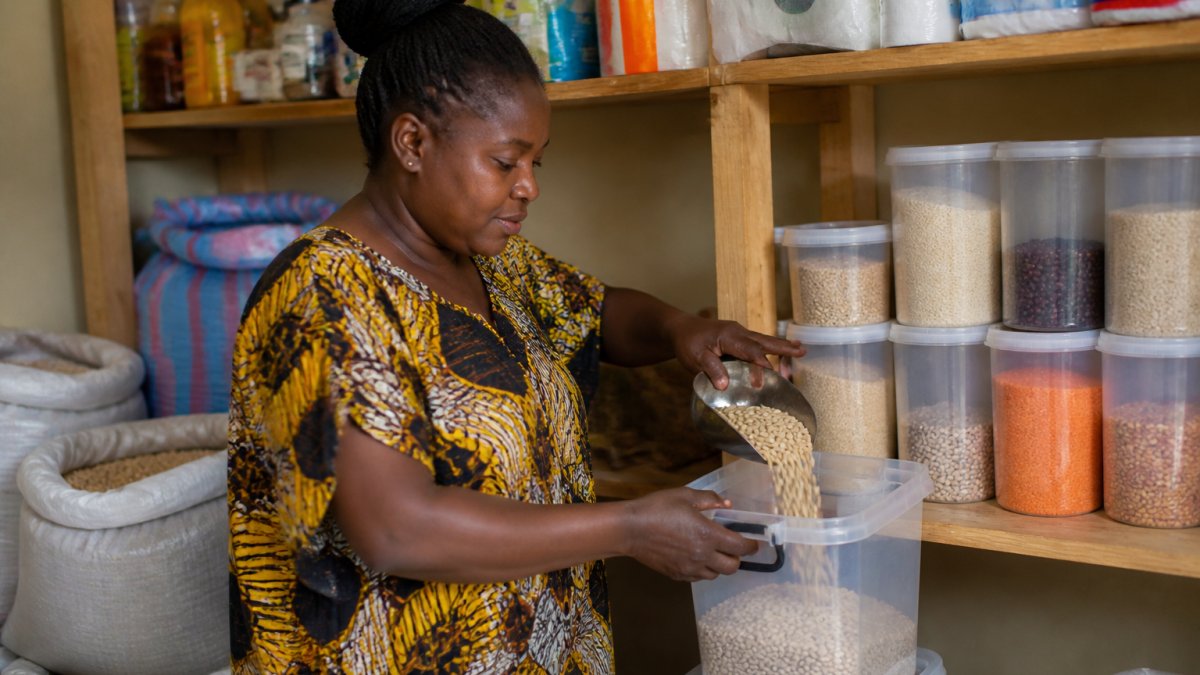 A Ghanaian woman in a home kitchen transferring rice and beans from bulk sacks into clean, sealed storage containers on a shelf, with labeled jars and a tidy pantry in the background