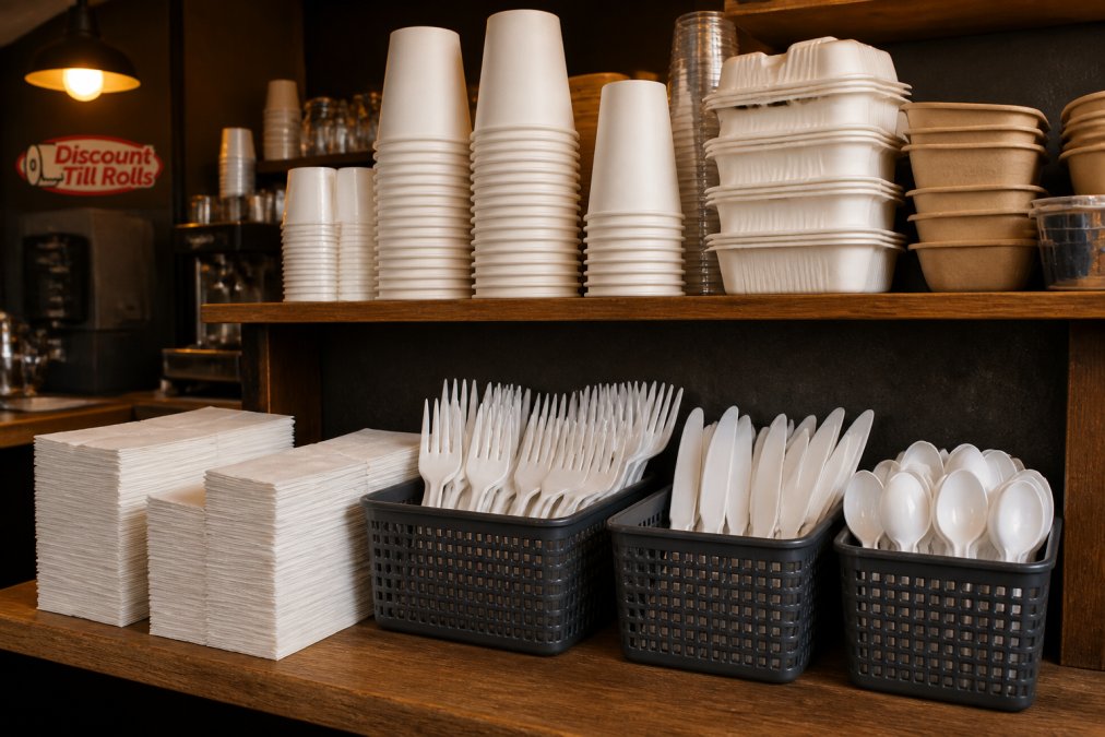 Stacked white napkins, cups, and bulk catering disposables arranged on a wooden café shelf