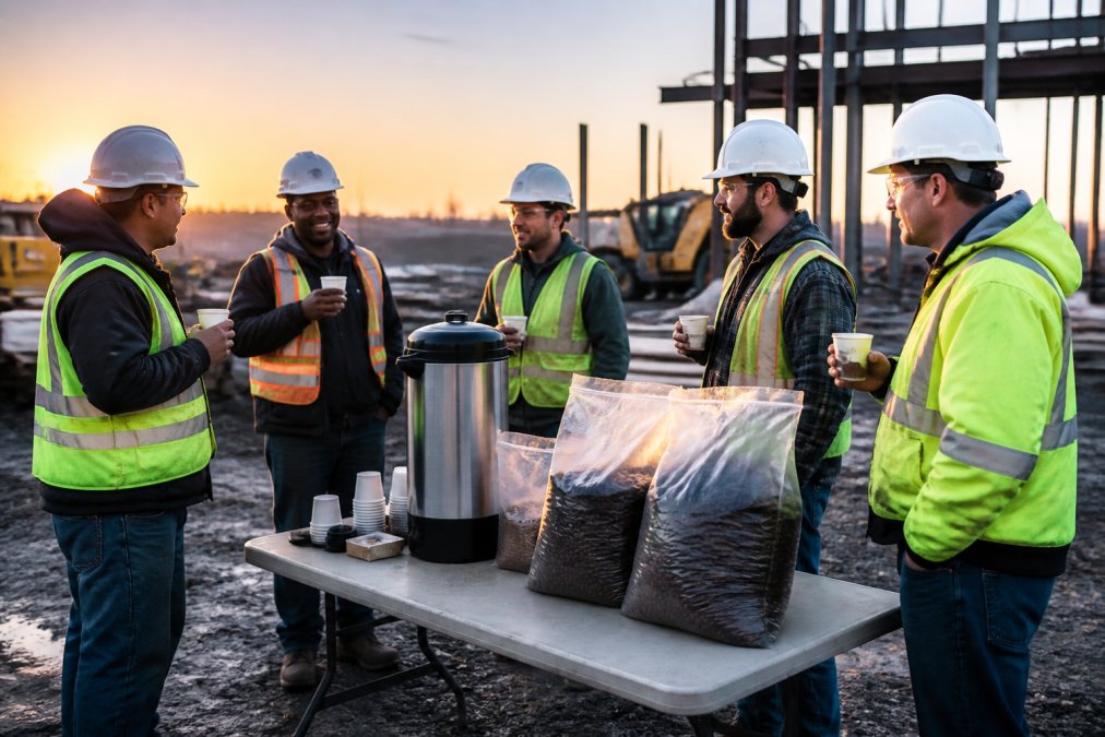 A crew of construction workers in hard hats and hi-vis vests gathered around a folding table with a commercial coffee urn and large bags of coffee beans at a job site in the early morning