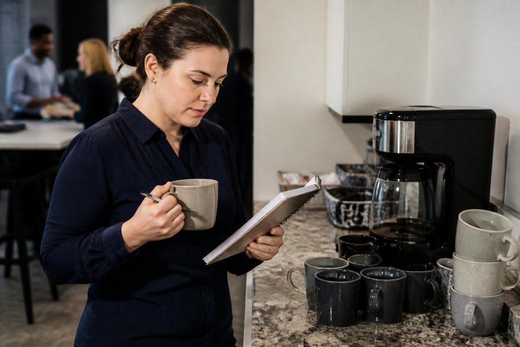 Office manager checking coffee supplies to plan a bulk coffee delivery for the breakroom.