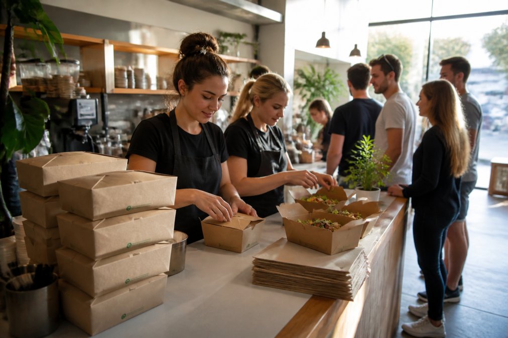 A busy cafe counter with compostable takeaway containers stacked neatly beside the register, staff packing food into branded kraft-look boxes, with customers queuing in the background and morning light streaming through windows