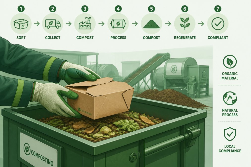 Close-up of hands wearing work gloves placing compostable food containers into a large commercial composting bin at an industrial composting facility, showing the disposal process in progress with other organic materials visible