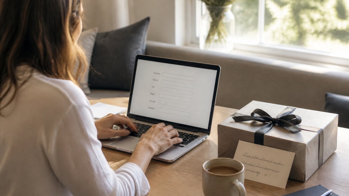 A person working from a home desk with a laptop open to a simple address form, a branded gift box with ribbon and handwritten card sitting beside the keyboard, soft natural window light