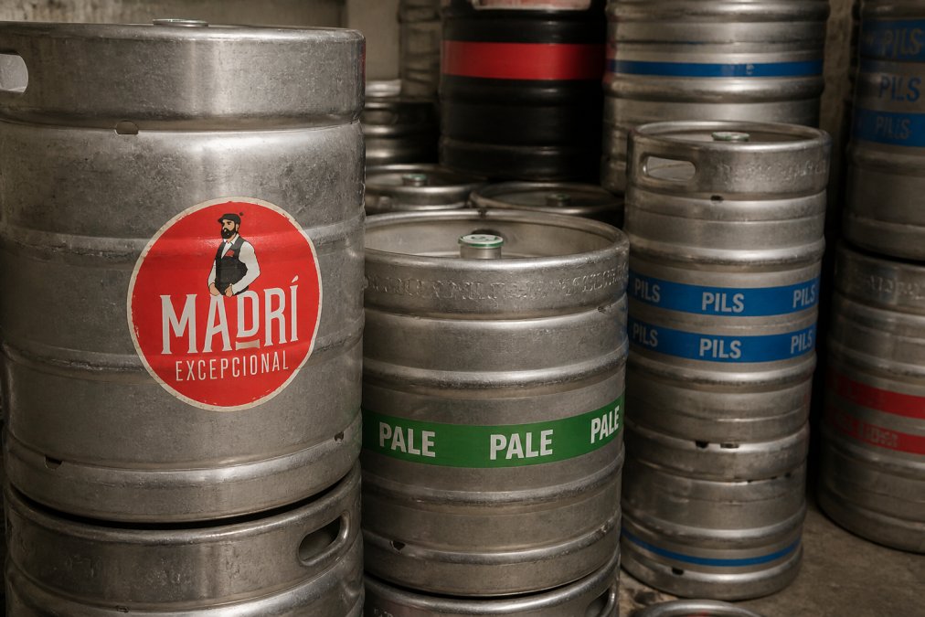 Close-up of stacked beer kegs in a cool cellar storage area, showing various branded kegs in metallic silver and branded colours arranged ready for delivery