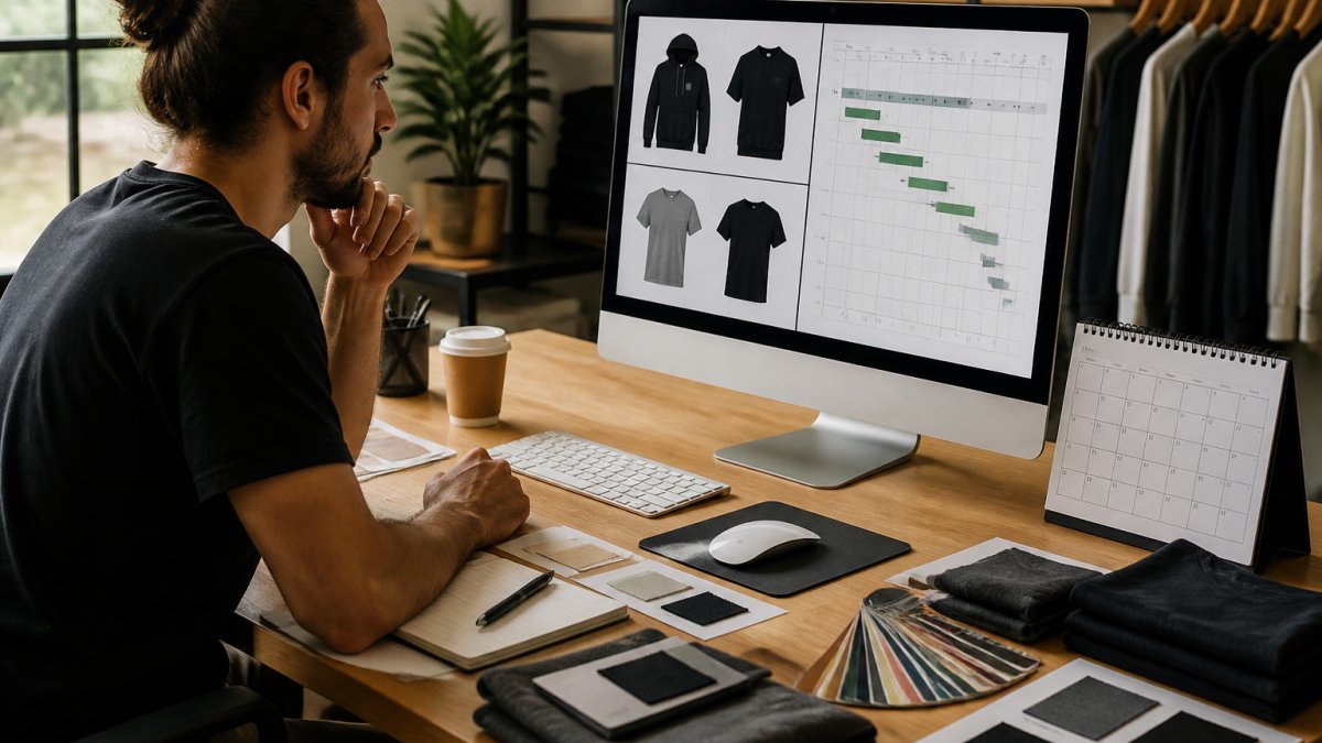 Content creator reviewing design mockups and production timelines on a computer screen at a desk with fabric swatches