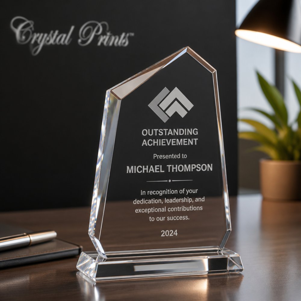 Close-up of an engraved crystal award displaying a company logo and employee name with laser-engraved details, positioned on a polished desk with soft accent lighting highlighting the precision of the engraving
