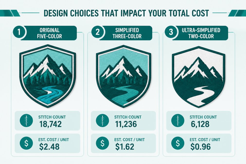 Side-by-side comparison of the same logo in three versions, original five-color design, simplified three-color version, and ultra-simplified two-color version, with stitch count and estimated per-unit cost labeled for each