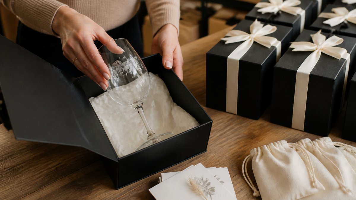 Step-by-step process for packing custom glassware into protective gift boxes with tissue and accessories.