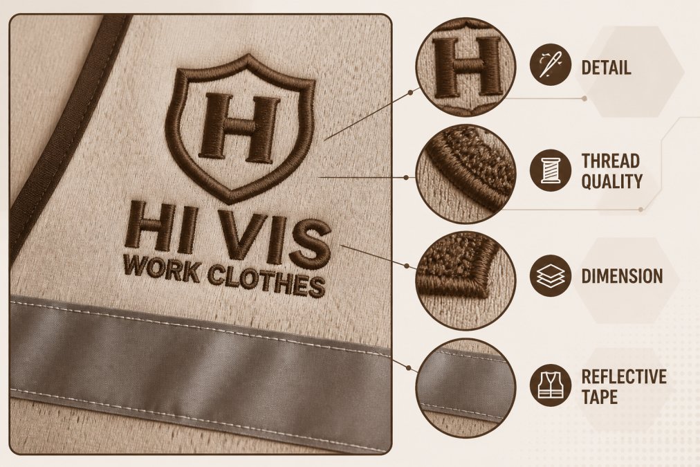 Close-up of embroidered logo on hi-vis safety vest showing detailed stitching and thread quality against reflective tape, with crisp edges and dimensional texture