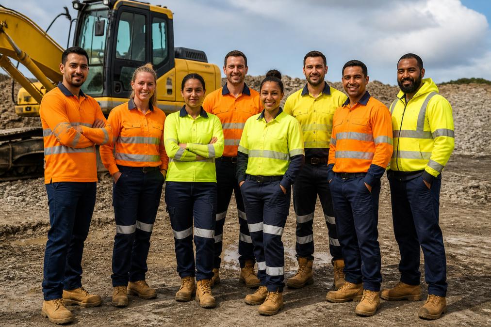 Diverse work team on construction site wearing branded hi-vis safety vests and reflective workwear in outdoor industrial environment with heavy equipment visible in background
