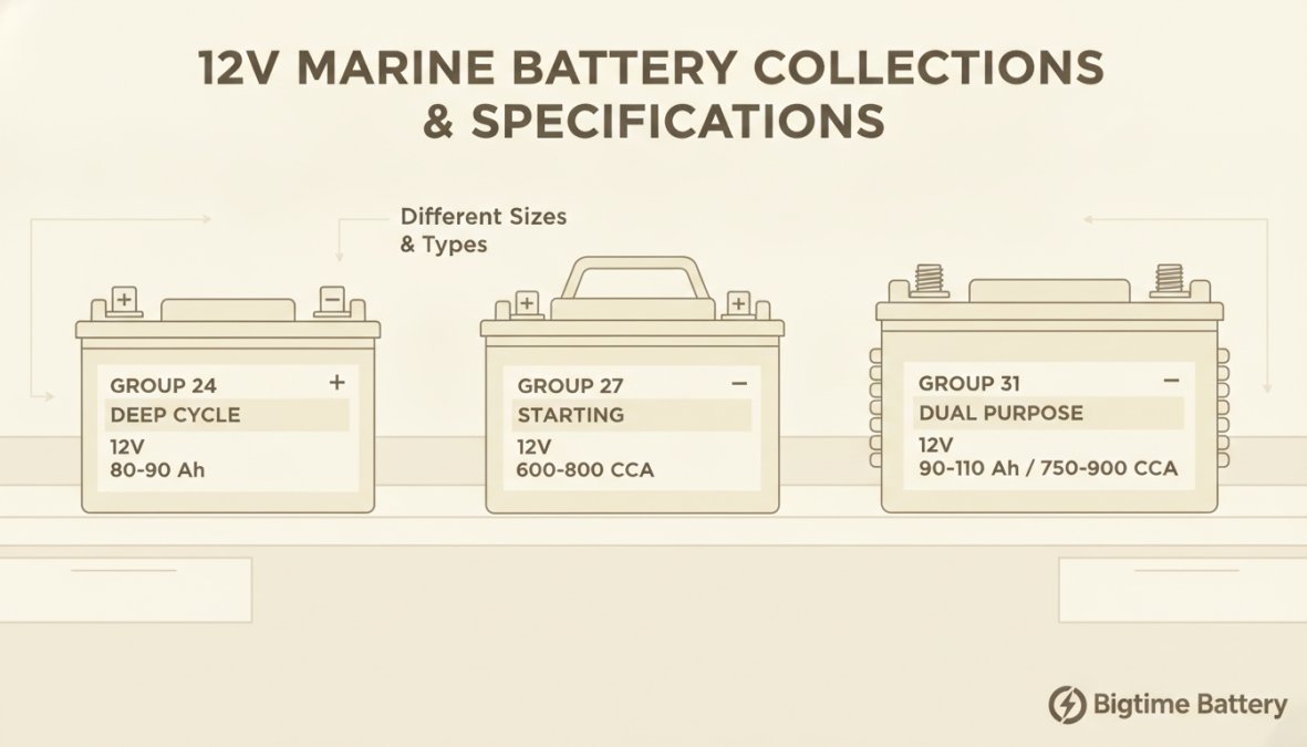 Close-up of various 12V marine batteries arranged on a workbench, showing different sizes and types with visible CCA ratings, terminals, and manufacturer labels in natural workshop lighting