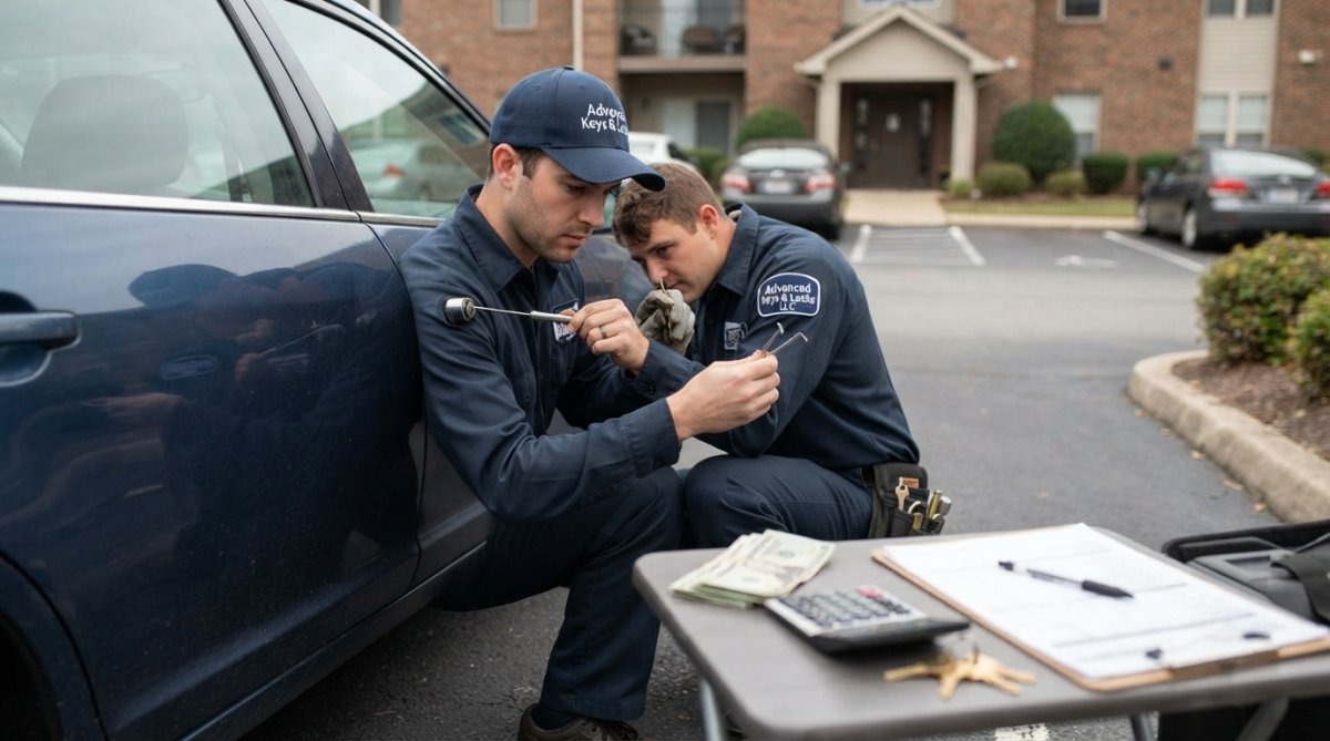 A professional locksmith in uniform rekeying a deadbolt on an apartment door while a property manager takes notes on a clipboard in the hallway