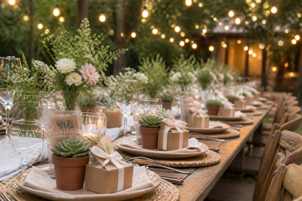 A long outdoor wedding table set among greenery and fairy lights, with small potted succulents, kraft-paper seed packets and ribbon-tied favour boxes placed at each setting in warm evening light