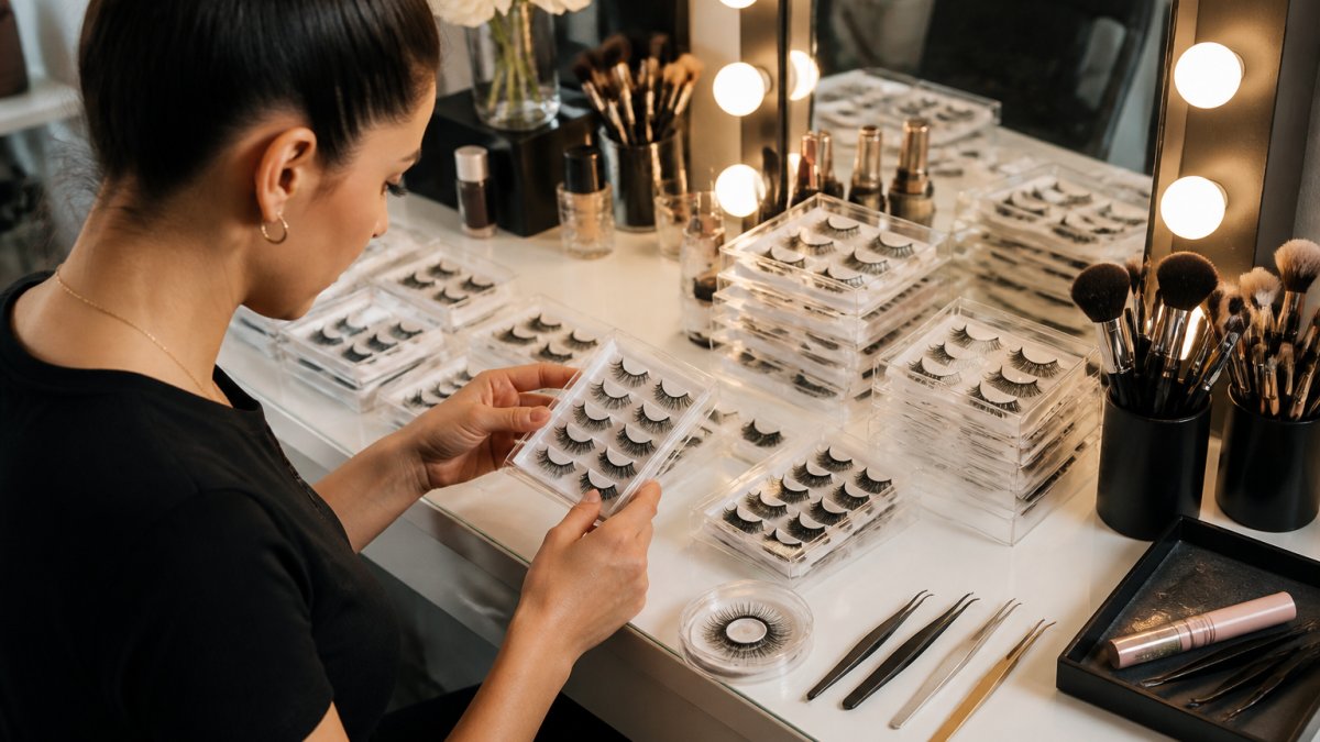 A makeup artist at a tidy vanity workstation laying out several packs of false lashes in different styles beside brushes, tweezers and a lit mirror