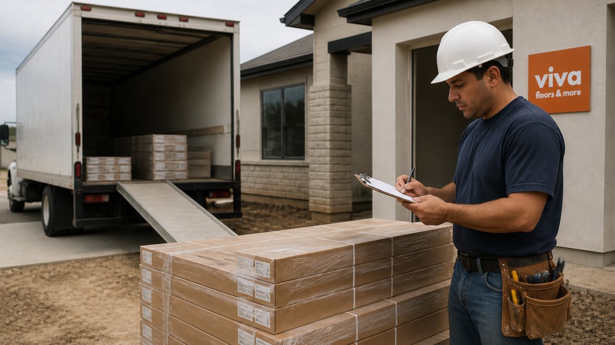 A contractor in work clothes and a hard hat checking a clipboard beside stacked boxes of flooring material on a residential jobsite, with a delivery truck visible in the background