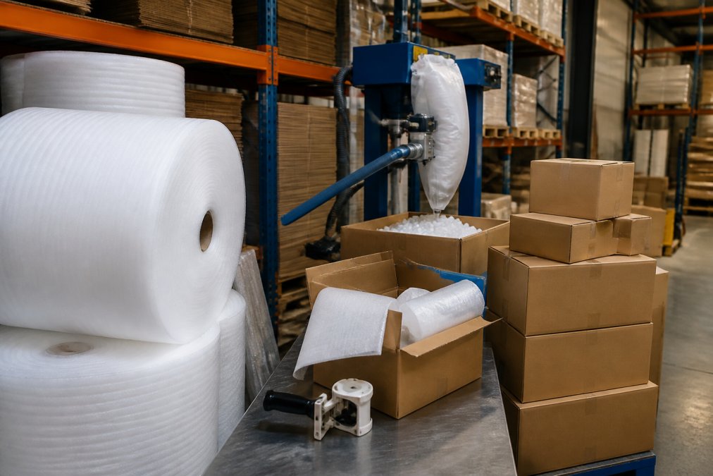 A warehouse packing station with rolls of polyethylene foam, foam-in-place equipment, and stacked shipping boxes ready for protective packaging