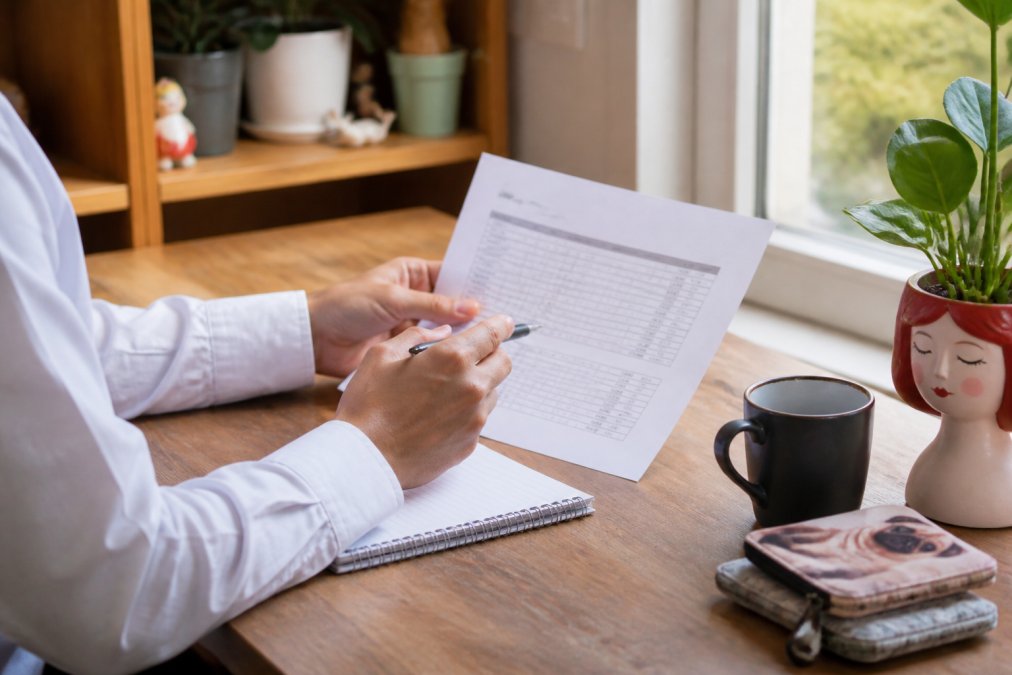 Business professional's hands reviewing bulk order details on a laptop with a coffee cup and notepad on a clean desk, natural window lighting