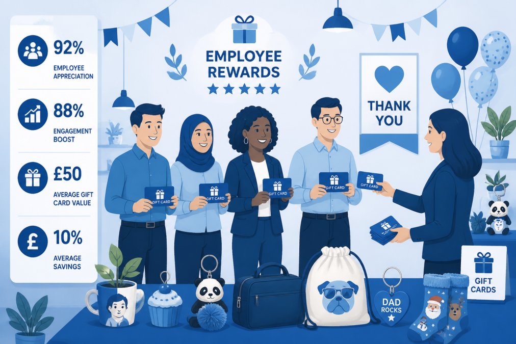 Diverse team of employees receiving gift cards at a company celebration event, showing genuine appreciation and engagement, warm indoor lighting