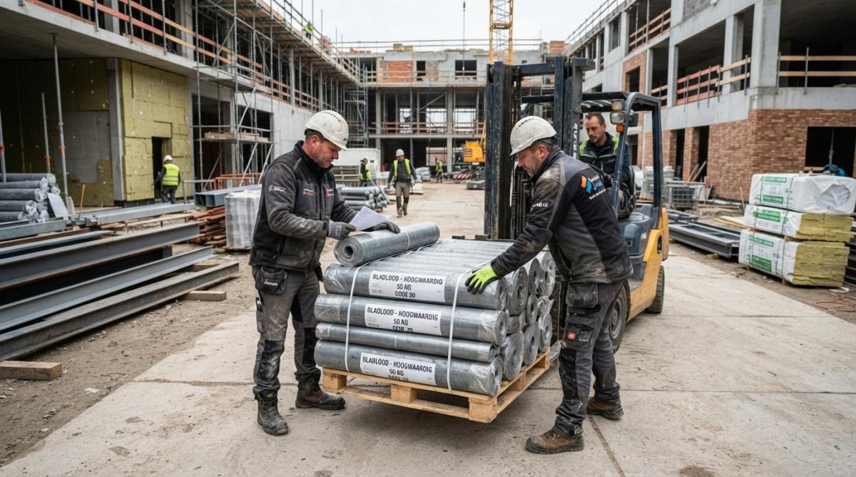 Bouwvakkers laden pallets met rollen bladlood op een bouwplaats, met zware werktuigen en magazijnomgeving zichtbaar