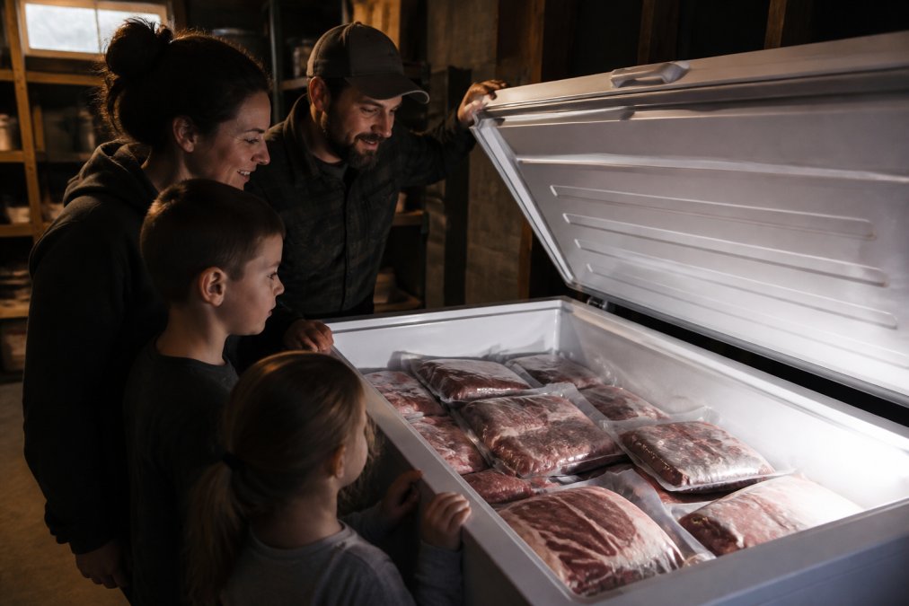 A well-organized chest freezer with clearly labeled vacuum-sealed meat portions stacked in neat rows, showing organized storage of various cuts and proteins