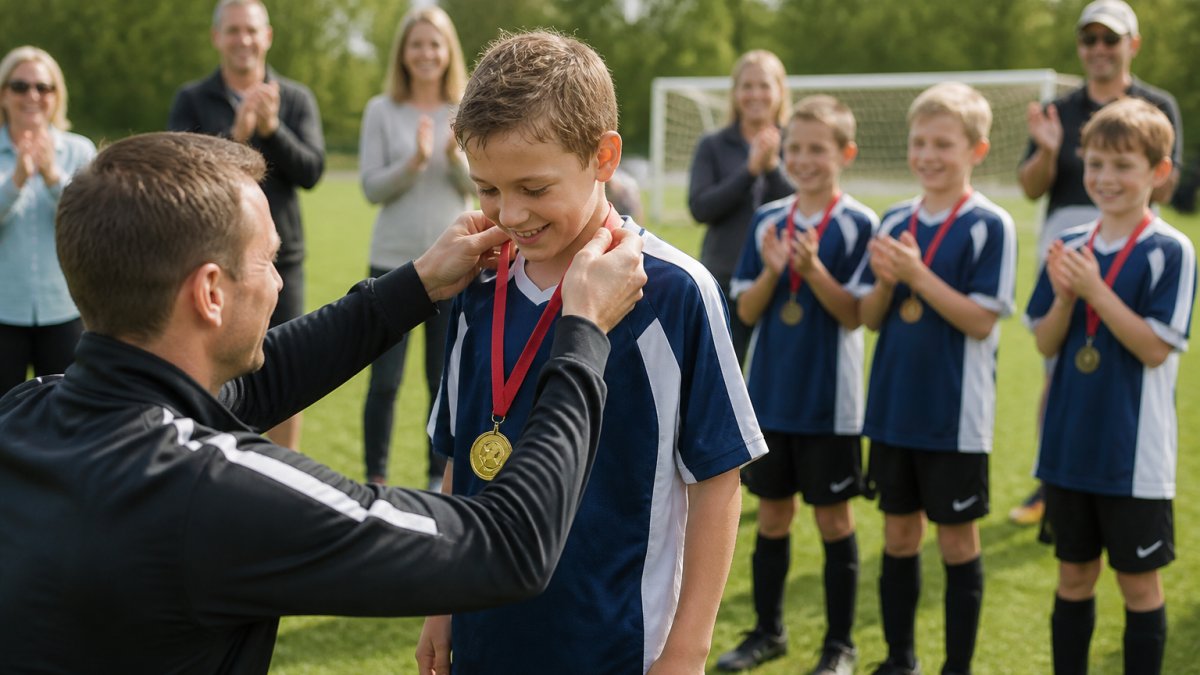 A coach placing a gold soccer medal with a red ribbon around the neck of a smiling young player on a green field, with teammates and parents clapping in the background