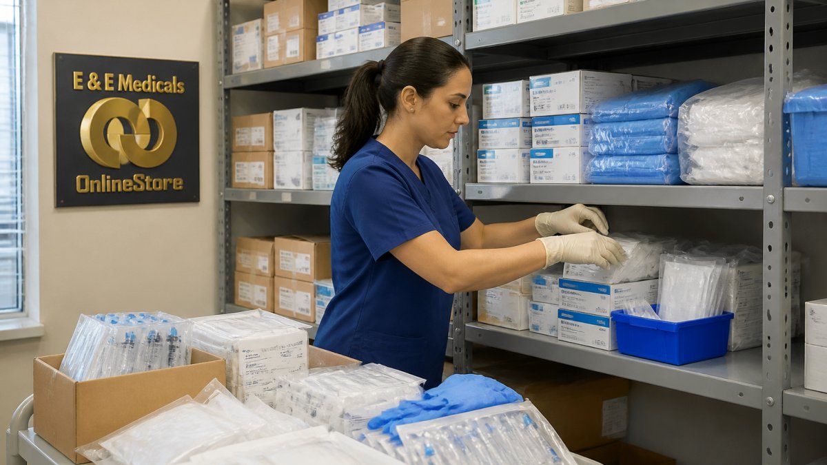 Healthcare worker organizing bulk medical disposables on shelves in a clinical storage room, with boxes of syringes, gloves, and sterile packaging visible in organized inventory system