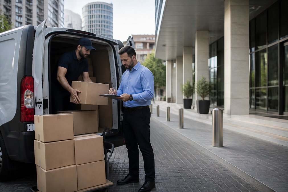 Delivery driver unloading boxes of bulk office supplies at a modern Beirut office building while a worker signs for them.