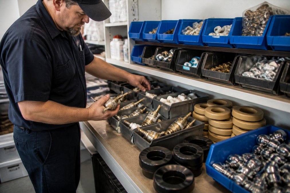 Maintenance team member organizing various plumbing repair parts and components on a workbench, including faucet cartridges, wax rings, and valve stems in organized labeled bins with natural workshop lighting