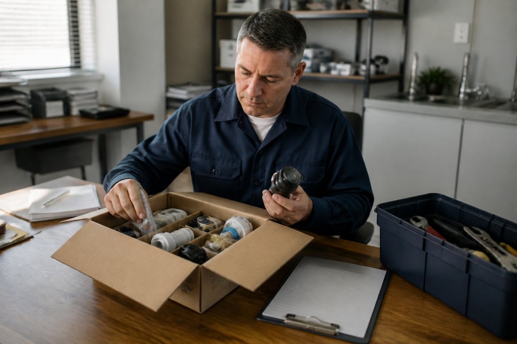 Property manager or facilities director reviewing an open box of pre-kitted bathroom repair parts at a desk, with inventory checklist and clipboard visible, natural office lighting
