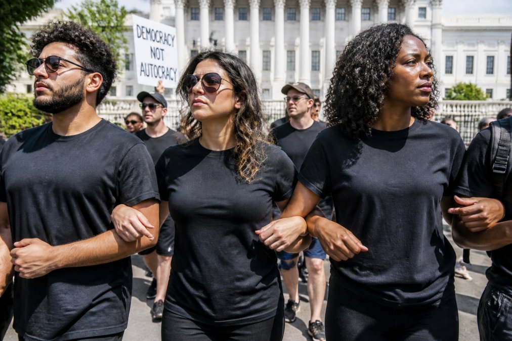 A diverse group of activists wearing matching protest shirts at a march, standing together with visible unity and determination, natural daylight