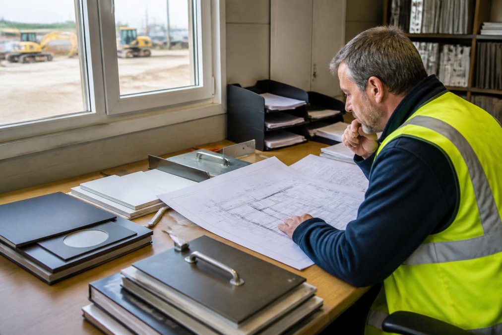 Contractor reviewing building plans and material specifications at a construction site office desk with various access door samples, hardware catalogs, and specification sheets visible under natural office lighting