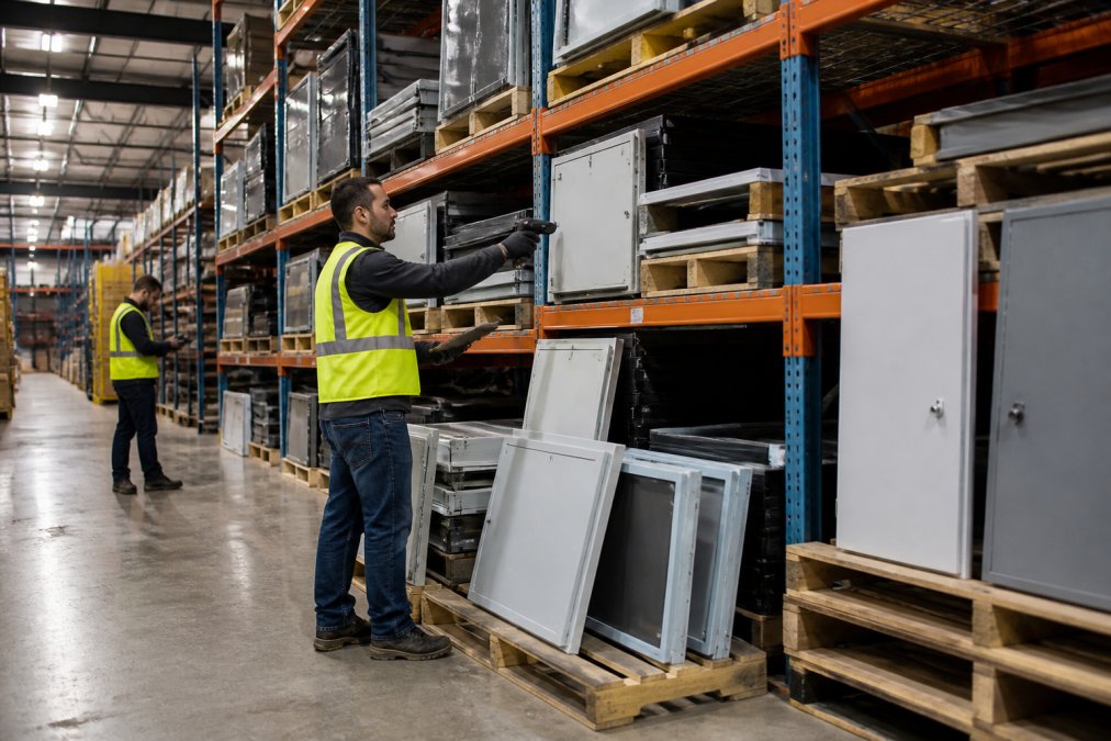 Warehouse workers in safety vests organizing and scanning commercial construction hardware inventory on metal shelves stocked with access doors, roof hatches, and floor doors under bright warehouse lighting