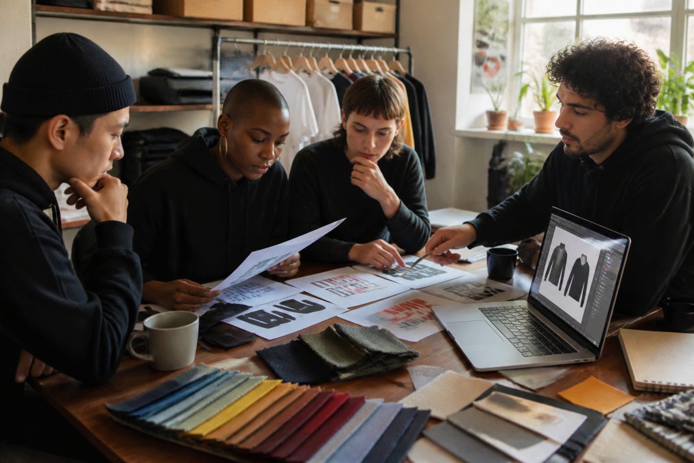 A group of activists at a community organizing table reviewing printed slogan designs and fabric swatches, with a laptop showing vector artwork open beside them