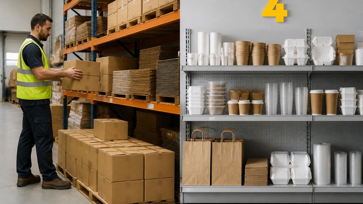 A warehouse worker in a high-vis vest organising stacked cardboard boxes and packaging supplies on metal shelving in a bright, busy stockroom