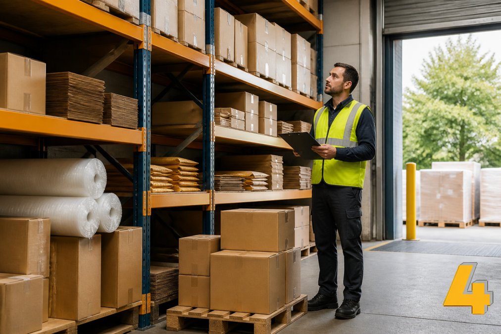 A warehouse manager in Ireland standing on a tidy loading dock, holding a clipboard while reviewing shelves stocked with stacked cardboard boxes and jiffy bags under bright industrial lighting