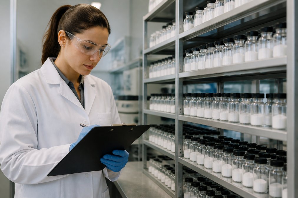 A laboratory researcher in a white coat and safety glasses reviewing a clipboard next to a rack of neatly labeled glass vials containing lyophilized powder