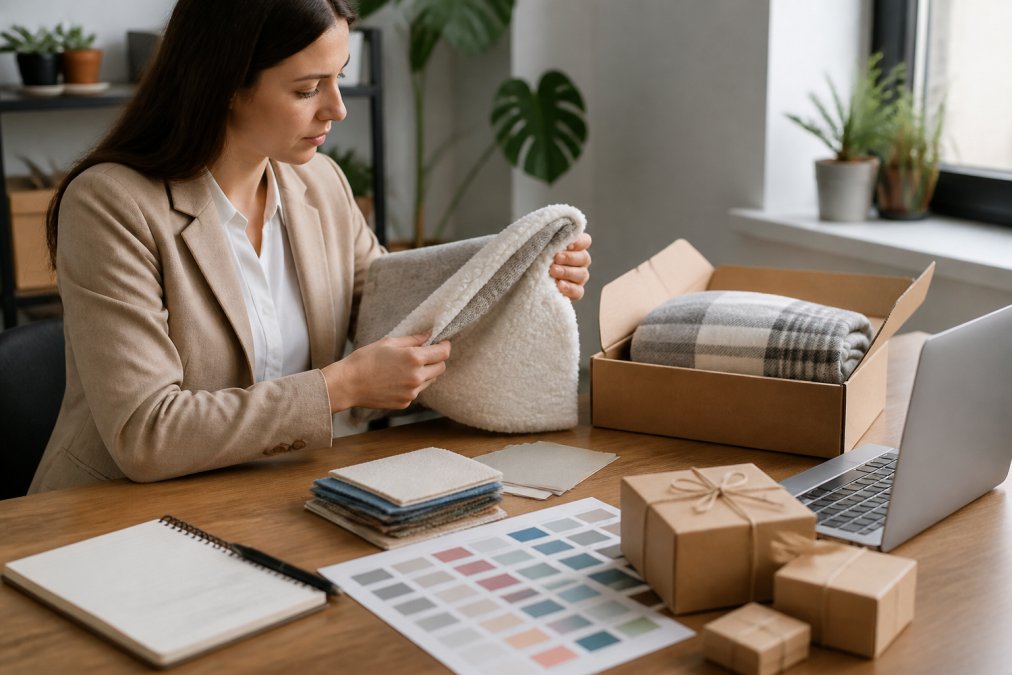 Business professional reviewing custom gift samples and personalized blanket options at a modern desk with laptop, color swatches, and branded packaging materials