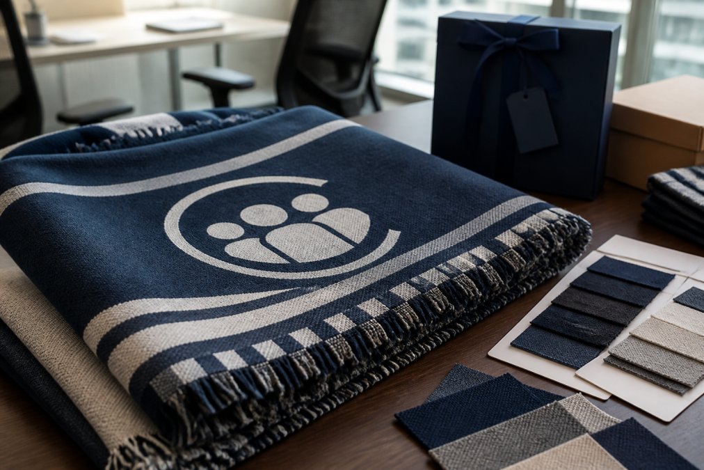 Close-up of personalized woven blanket with custom company logo and client names displayed on modern office table with branded packaging and color swatches