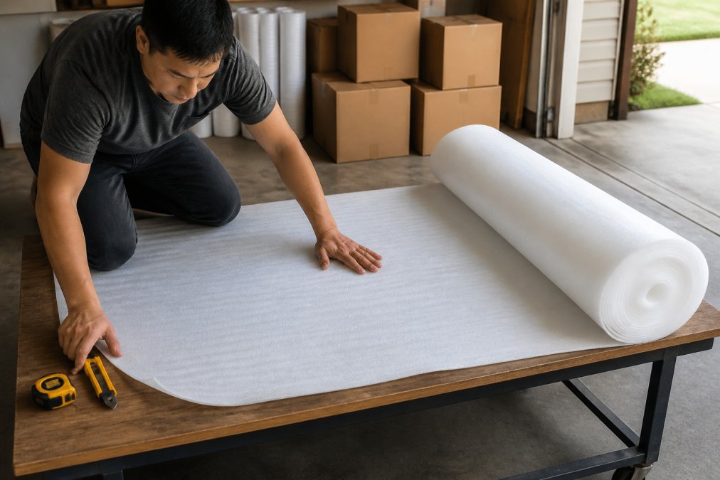 Person unrolling a wide sheet of white foam on a workbench with packing supplies nearby