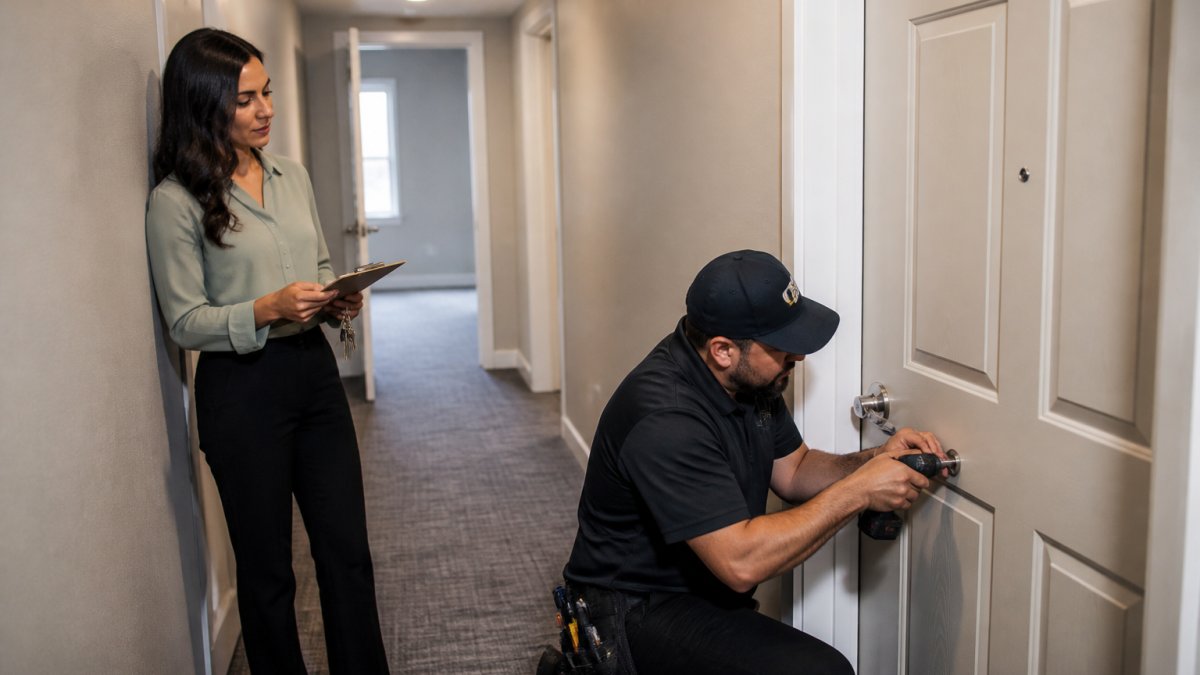 A property manager with a clipboard and keys standing in an empty apartment hallway, checking a unit door while a locksmith kneels to install a new deadbolt nearby