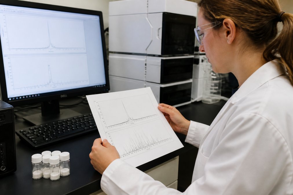 Scientist reviewing HPLC and mass spectrometry data for bulk pricing verification of lyophilized peptides