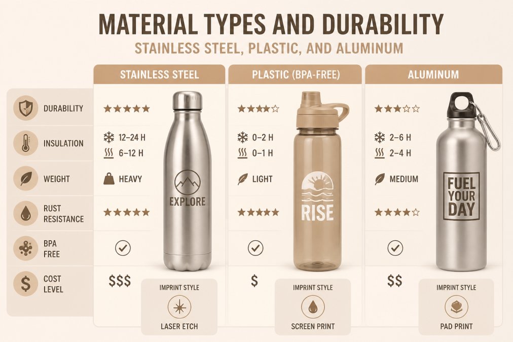 Three custom promotional water bottles displayed side-by-side on a clean white surface, one stainless steel double-wall with metallic finish, one BPA-free plastic in vibrant color, one aluminum in natural tone, each showing different logo imprint styles and finishes