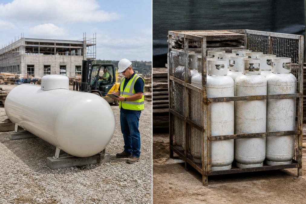 A construction site foreman in a hard hat checking a clipboard next to a large commercial propane tank, with a forklift and building materials visible in the background