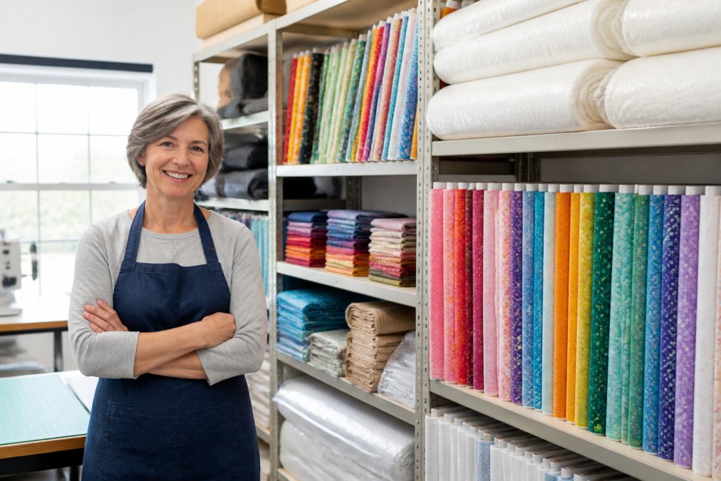 A professional quilter in a bright studio standing next to tall industrial shelves neatly stacked with batting rolls and colorful fabric bolts, natural window light